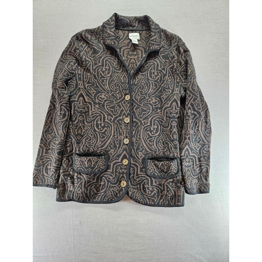 Chicos Silk Cotton Knit Cardigan Sweater Jacket Paisley Black Brown Size 0 S